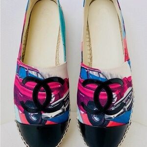 CHANEL Colorful Print Espadrilles with Black Toe SZ 37
